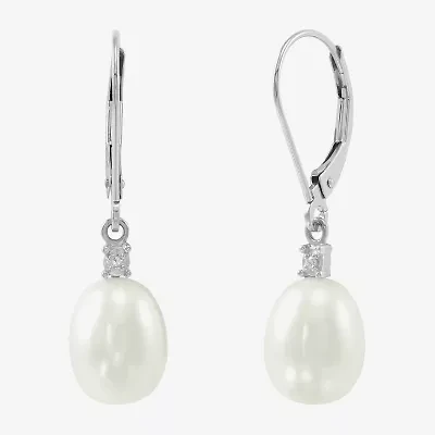 Womens Diamond Accent Natural White Cultured Freshwater Pearl 10K White Gold Drop Earrings