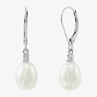 Womens Diamond Accent Natural White Cultured Freshwater Pearl 10K White Gold Drop Earrings