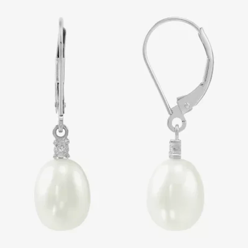 Womens Diamond Accent Natural White Cultured Freshwater Pearl 10K White Gold Drop Earrings