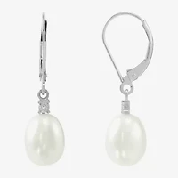 Womens Diamond Accent Natural White Cultured Freshwater Pearl 10K White Gold Drop Earrings