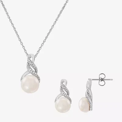 Womens Diamond Accent White Cultured Freshwater Pearl Pendant Necklace Set