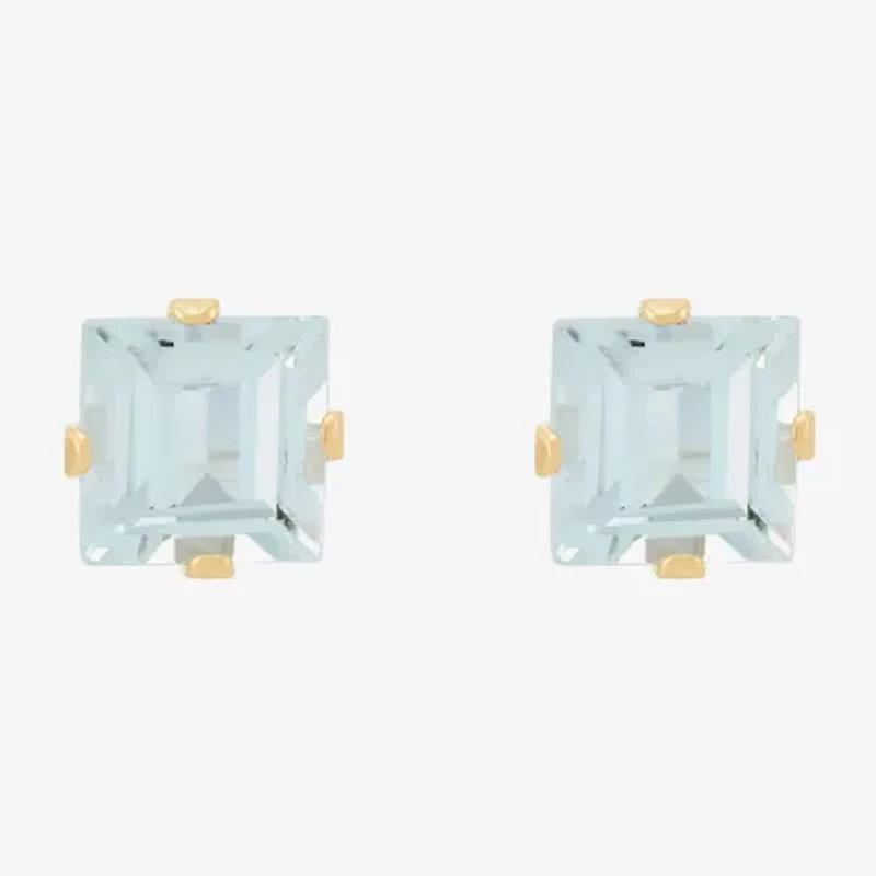 Genuine Blue Aquamarine 14K Gold 5mm Square Stud Earrings