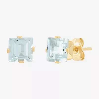 Genuine Blue Aquamarine 14K Gold 5mm Square Stud Earrings
