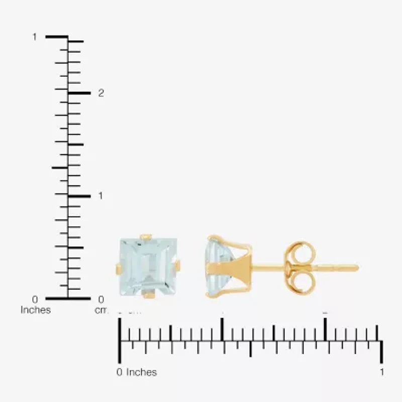 Genuine Blue Aquamarine 14K Gold 5mm Square Stud Earrings