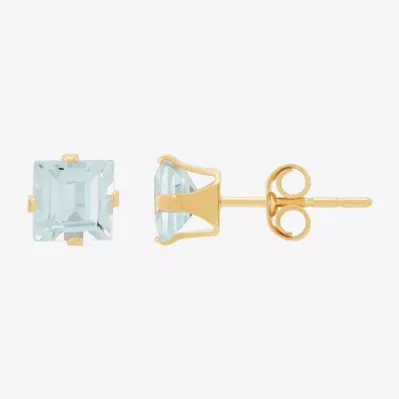 Genuine Blue Aquamarine 14K Gold 5mm Square Stud Earrings