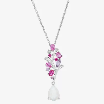 Womens Lab Created White Opal Sterling Silver Flower 18 Inch Pendant Necklace