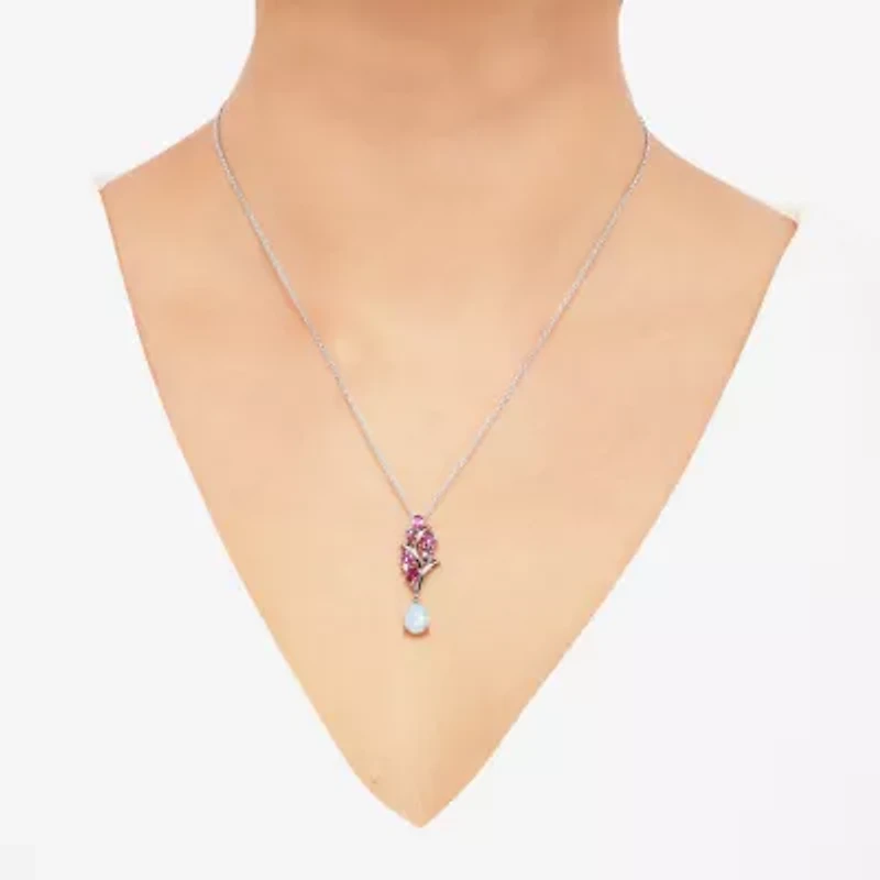 Womens Lab Created White Opal Sterling Silver Flower 18 Inch Pendant Necklace