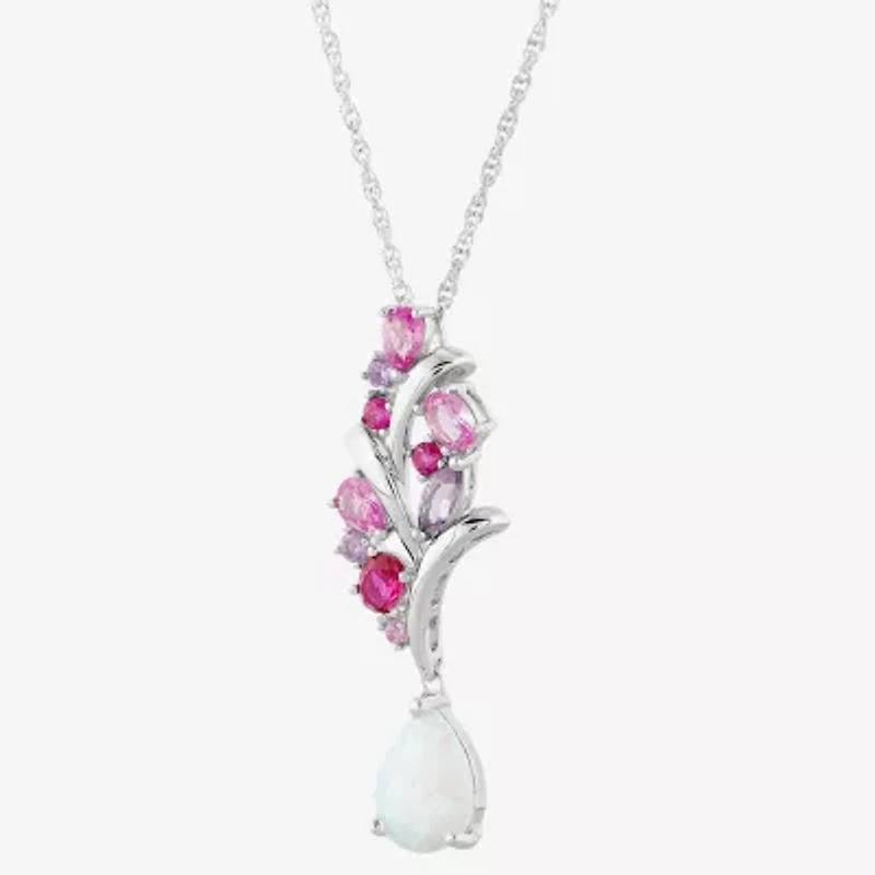 Womens Lab Created White Opal Sterling Silver Flower 18 Inch Pendant Necklace