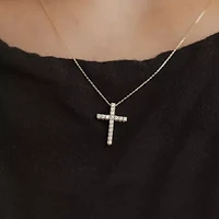 G/Si2) Womens 1/ CT. T.W. Lab Grown White Diamond 10K Gold Cross 18 Inch Pendant Necklace