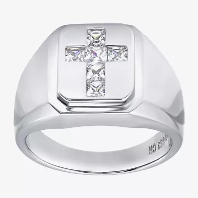 Mens Cubic Zirconia Sterling Silver Cross Signet Ring