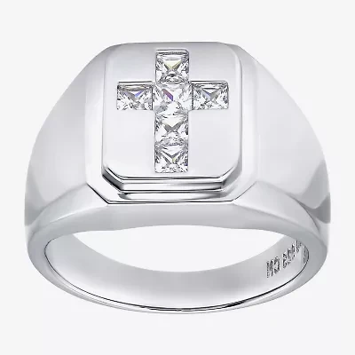 Mens Cubic Zirconia Sterling Silver Cross Signet Ring