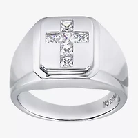 Mens Cubic Zirconia Sterling Silver Cross Signet Ring