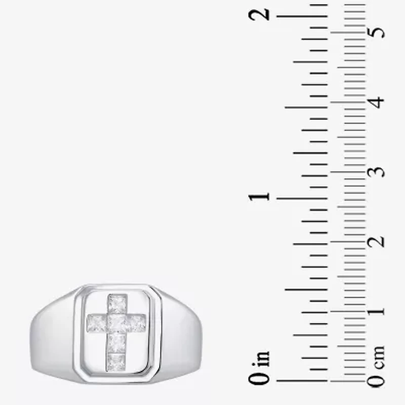 Mens Cubic Zirconia Sterling Silver Cross Signet Ring