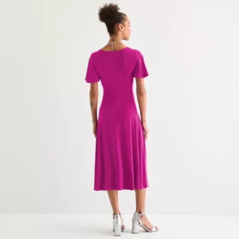 Perceptions Womens Short Sleeve Midi Fit + Flare Dress