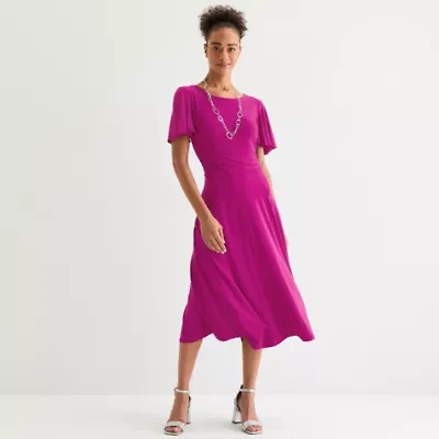 Perceptions Womens Short Sleeve Midi Fit + Flare Dress