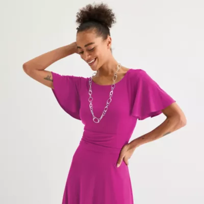 Perceptions Womens Short Sleeve Midi Fit + Flare Dress