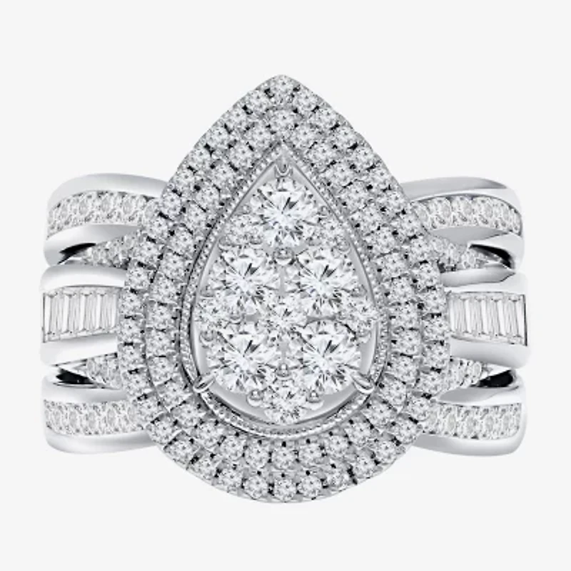 Womens 2 CT. T.W. Natural White Diamond 14K White Gold Pear Side Stone Halo Engagement Ring