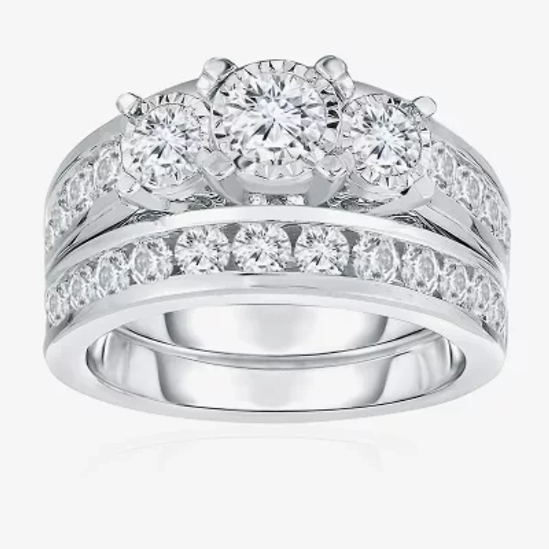 Womens 2 CT. T.W. Natural White Diamond 14K White Gold Round Side Stone 3-Stone Bridal Set