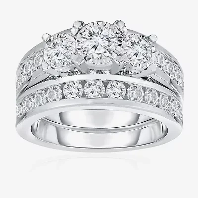 Womens 2 CT. T.W. Natural White Diamond 14K White Gold Round Side Stone 3-Stone Bridal Set
