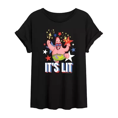 Patrick It'S Lit Fireworks Relaxed Womens Juniors Crew Neck Short Sleeve Regular Fit Spongebob Graphic T-Shirt