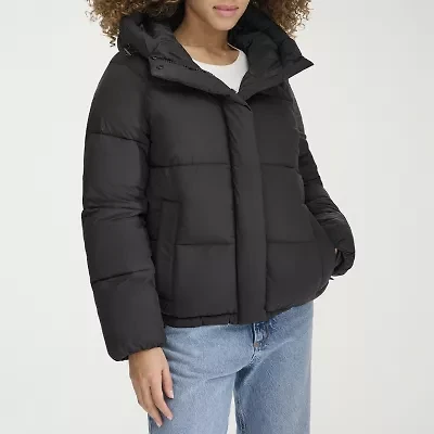 Dockers Hooded Wind Resistant Water Midweight Womens Puffer Jacket