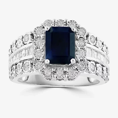 Effy Final Call Limited Quantities! Womens 5/8 CT. T.W. Genuine Blue Sapphire 14K White Gold Halo Side Stone Cocktail Ring