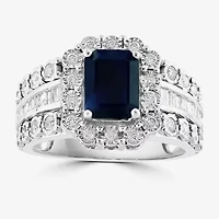 Effy Final Call Limited Quantities! Womens 5/8 CT. T.W. Genuine Blue Sapphire 14K White Gold Halo Side Stone Cocktail Ring