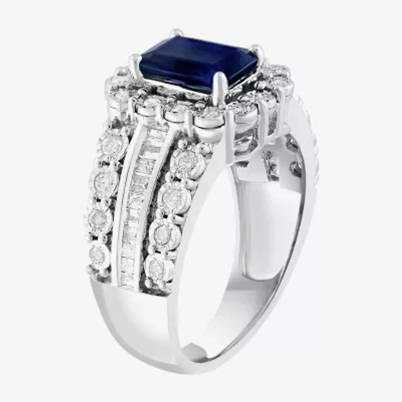 Effy Final Call Limited Quantities! Womens 5/8 CT. T.W. Genuine Blue Sapphire 14K White Gold Halo Side Stone Cocktail Ring