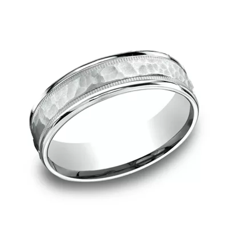 Mens 10K White Gold 6mm Hammered Band