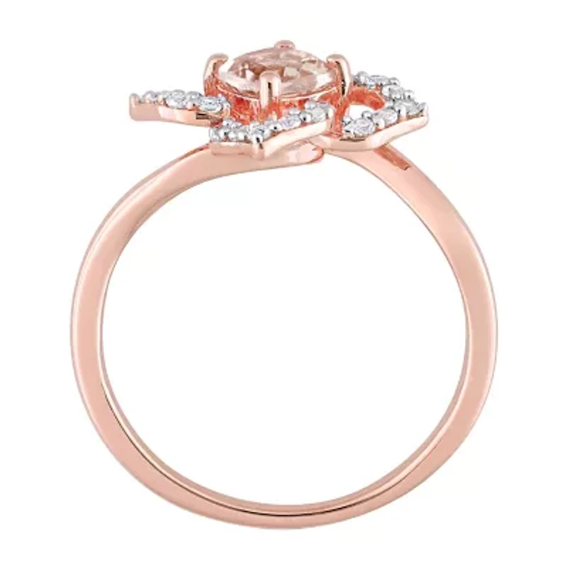 Womens Genuine Pink Morganite 18K Rose Gold Over Silver Flower Cocktail Ring