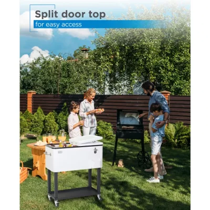 BLACK+DECKER Mobile Cooler Cart 2 Door Seal And Lid Bottle Opener with Catch Basin Bottom Storage Tray