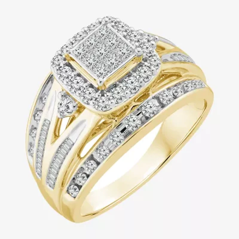 Womens 1 CT. T.W. Natural White Diamond 10K Gold Side Stone Halo Bridal Set