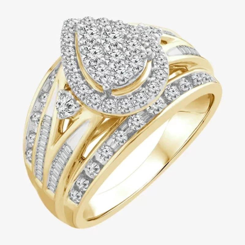 Womens 1 CT. T.W. Natural White Diamond 10K Gold Pear Side Stone Halo Engagement Ring