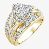 Womens 1 CT. T.W. Natural White Diamond 10K Gold Pear Side Stone Halo Engagement Ring