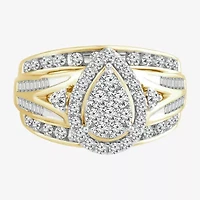 Womens 1 CT. T.W. Natural White Diamond 10K Gold Pear Side Stone Halo Engagement Ring