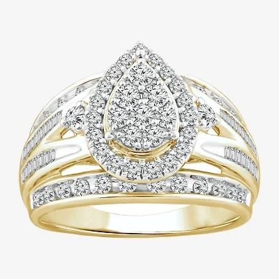 Womens 1 CT. T.W. Natural White Diamond 10K Gold Pear Side Stone Halo Engagement Ring