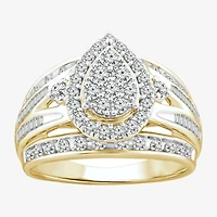 Womens 1 CT. T.W. Natural White Diamond 10K Gold Pear Side Stone Halo Engagement Ring