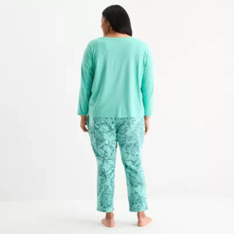 Liz Claiborne Womens Round Neck Long Sleeve 2-pc. Plus Pajama Sets