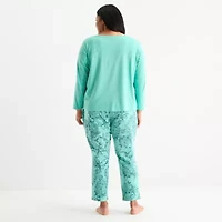 Liz Claiborne Womens Round Neck Long Sleeve 2-pc. Plus Pajama Sets