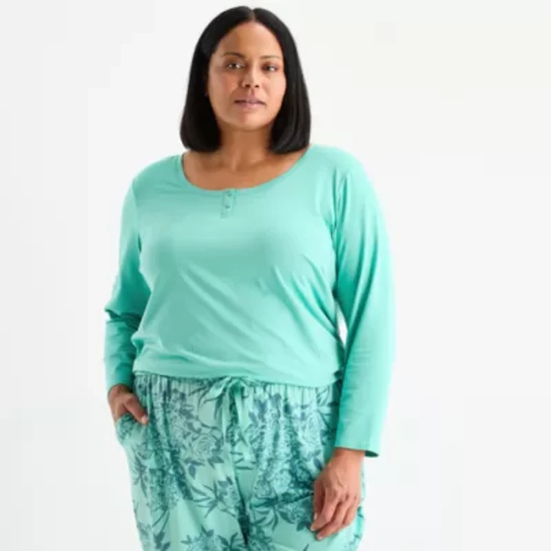 Liz Claiborne Womens Round Neck Long Sleeve 2-pc. Plus Pajama Sets