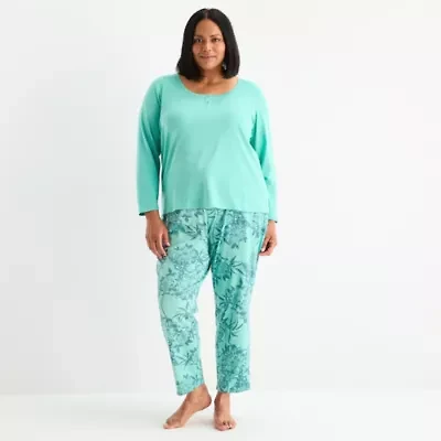 Liz Claiborne Womens Round Neck Long Sleeve 2-pc. Plus Pajama Sets