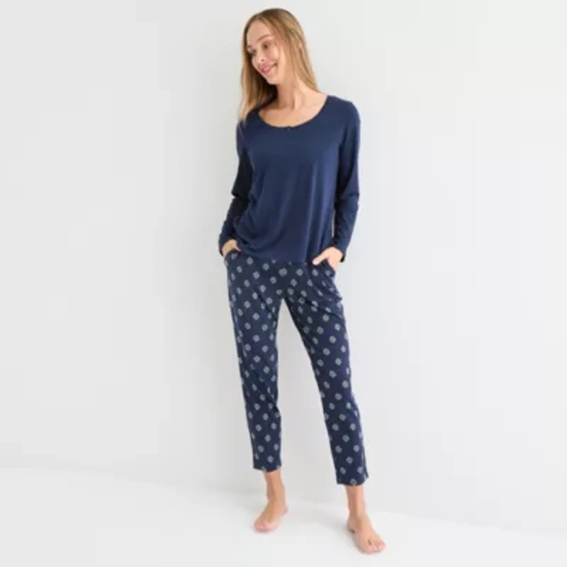 Liz Claiborne Womens Round Neck Long Sleeve 2-pc. Pajama Sets