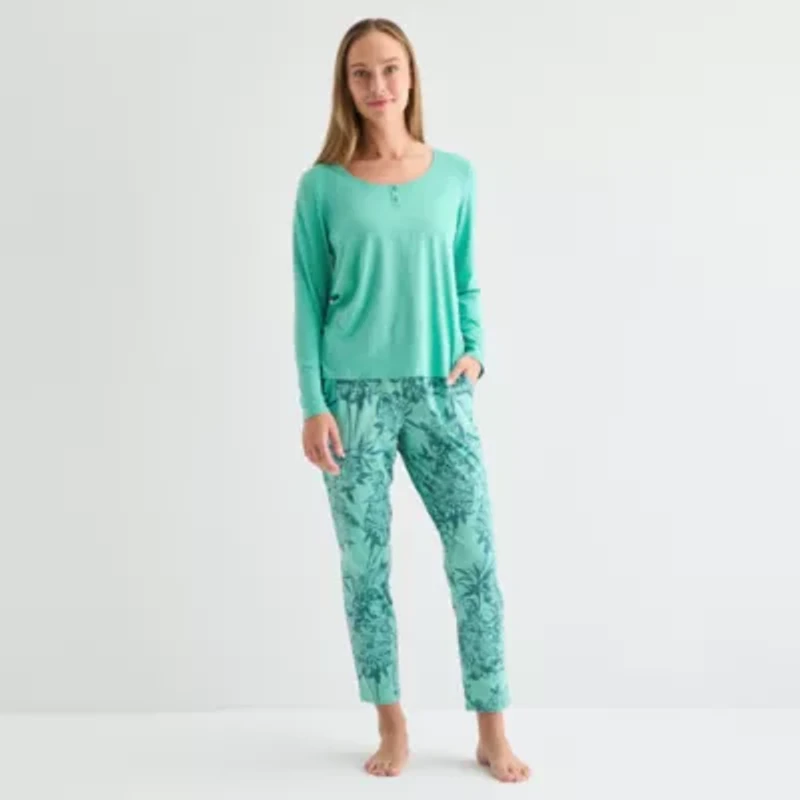 Liz Claiborne Womens Round Neck Long Sleeve 2-pc. Pajama Sets