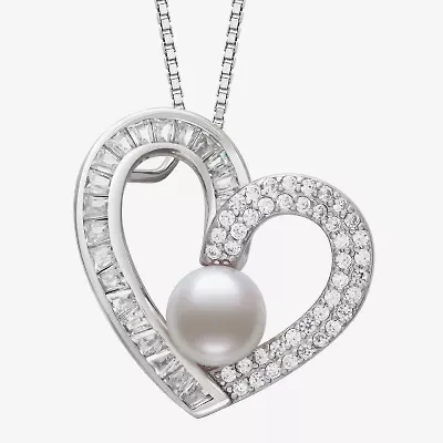 Womens White Cultured Freshwater Pearl Sterling Silver Heart 18 Inch Pendant Necklace