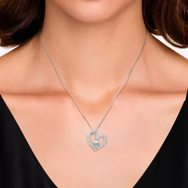 Womens White Cultured Freshwater Pearl Sterling Silver Heart 18 Inch Pendant Necklace