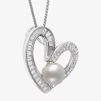 Womens White Cultured Freshwater Pearl Sterling Silver Heart 18 Inch Pendant Necklace