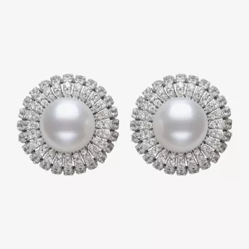 White Cultured Freshwater Pearl Sterling Silver 15mm Round Stud Earrings