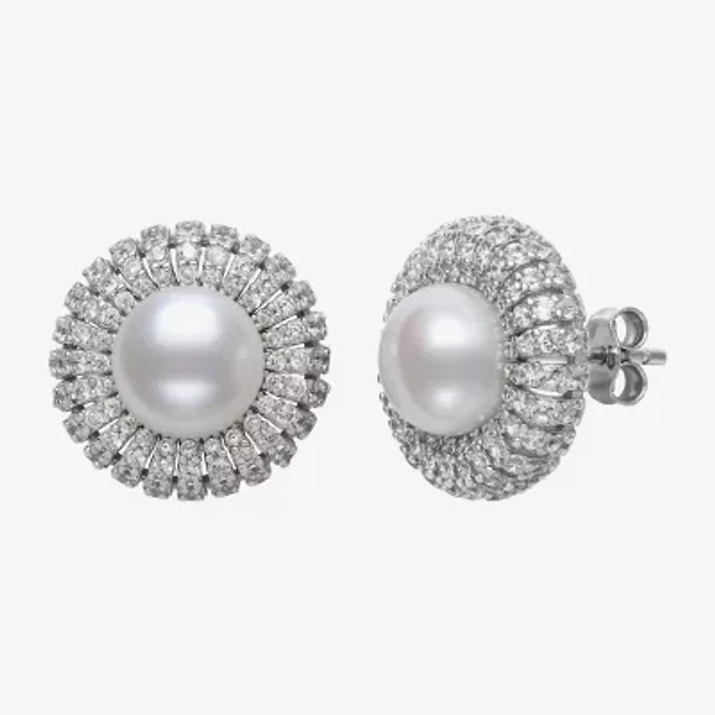 White Cultured Freshwater Pearl Sterling Silver 15mm Round Stud Earrings