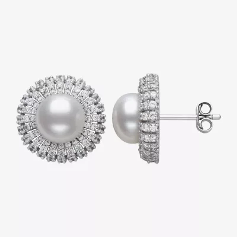 White Cultured Freshwater Pearl Sterling Silver 15mm Round Stud Earrings
