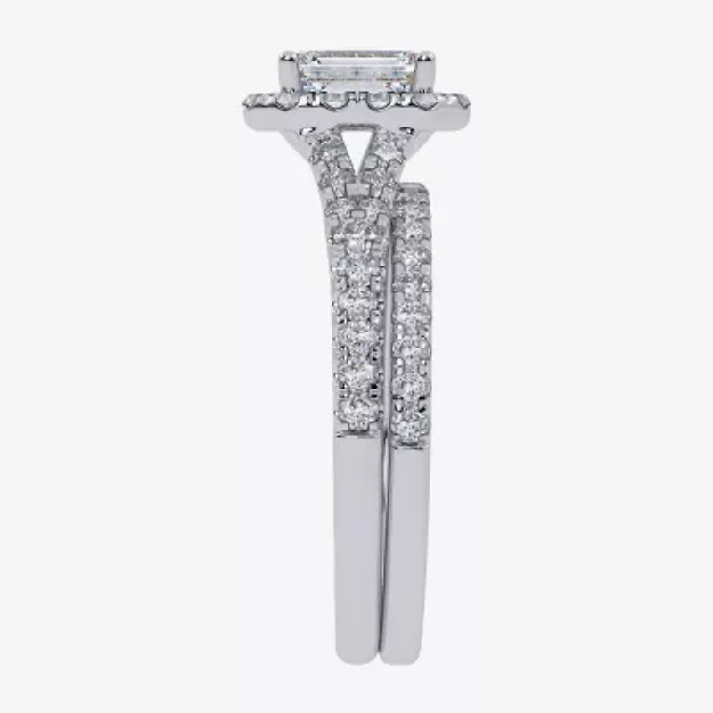 G / Vs2-Si1) Womens 1 CT. T.W. Lab Grown White Diamond 10K Gold Side Stone Halo Bridal Set